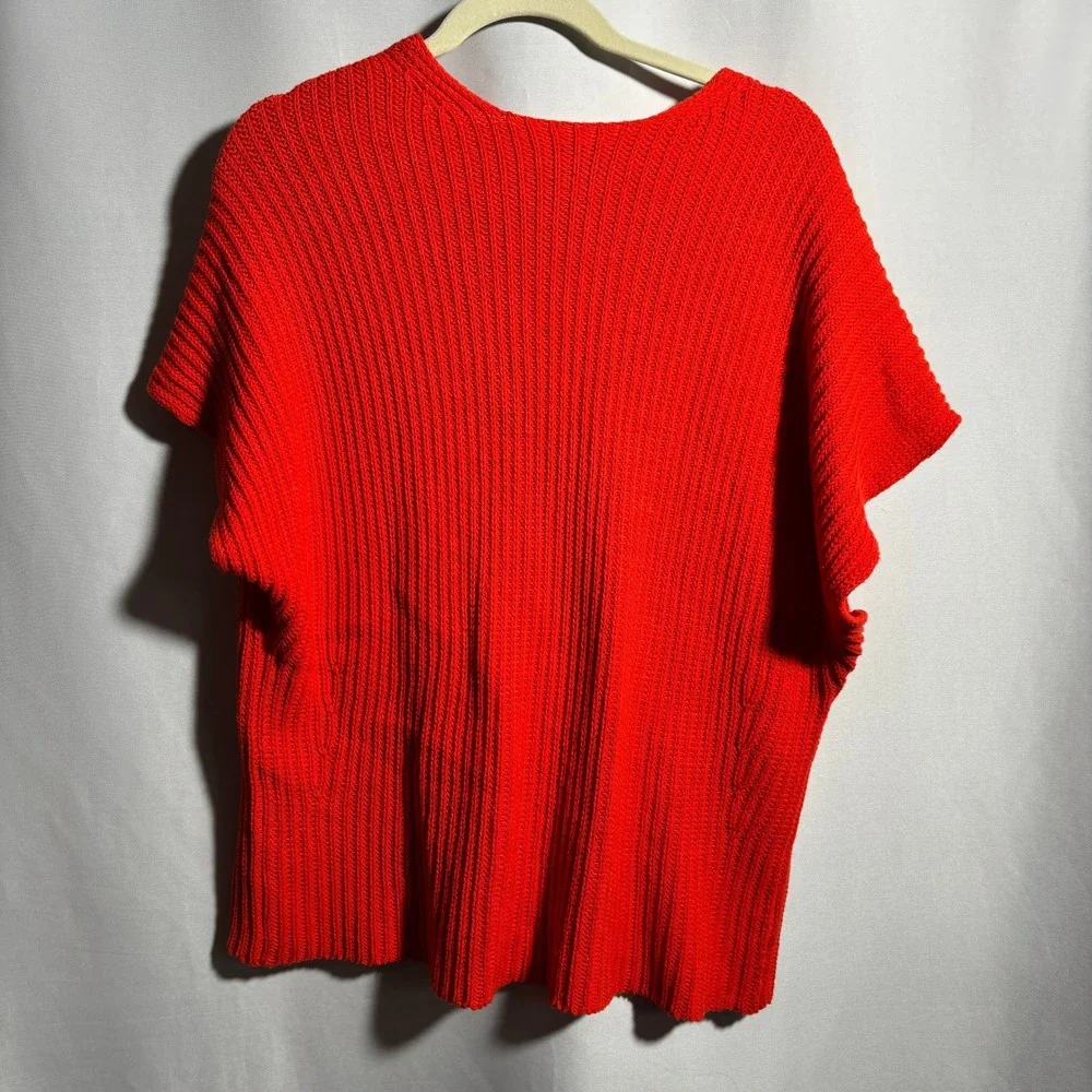 Orange Red Chunky Knit V Knit Slouchy Boxy Short Sleeve Sweater Top Oversized‎ S